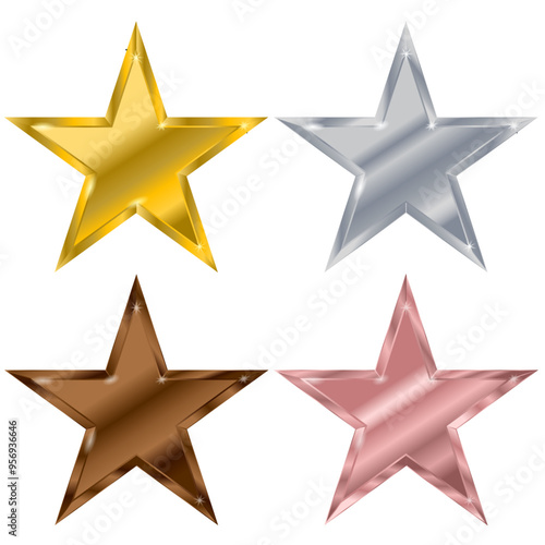 Set of Metallic coloured stars in Gold, Silver, Bronze and Rose Gold with gradient fills