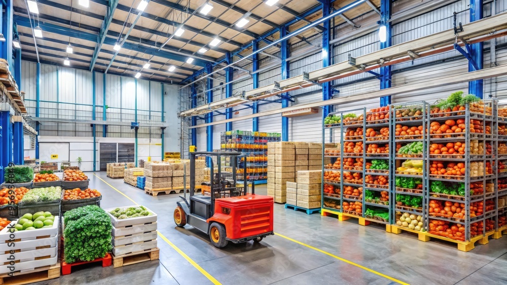 Fresh produce and packaged goods are efficiently stored and prepared for shipping in a modern, well-organized warehouse with forklifts and pallets ready for transportation. Fresh produce and packaged goods are efficiently stored and prepared for shipping in a modern, well-organized warehouse with forklifts and pallets ready for transportation.