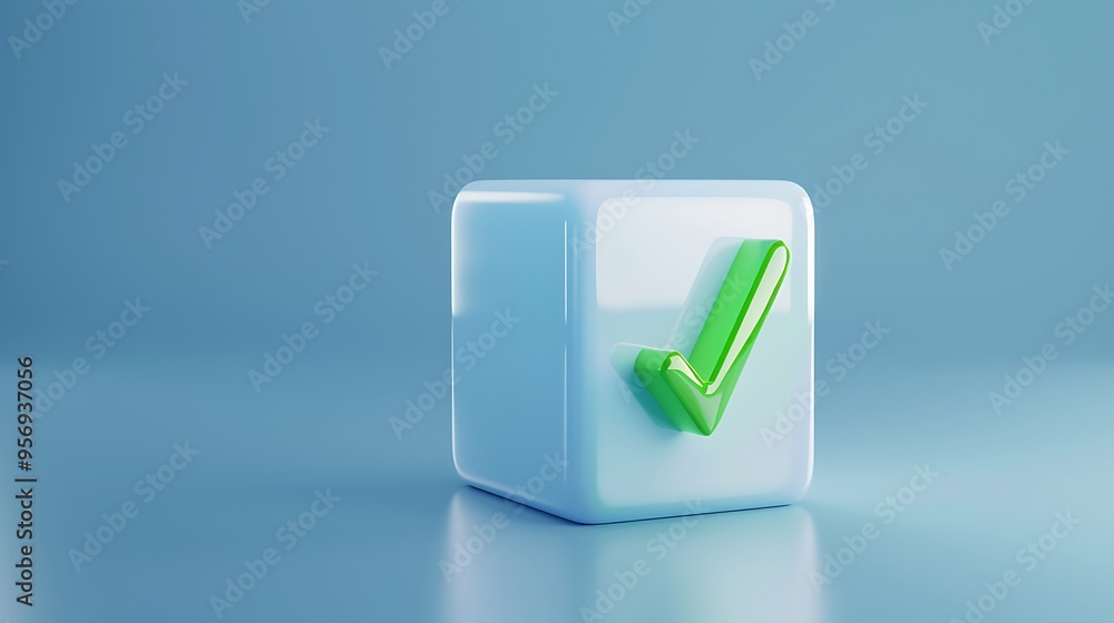 A green check mark on a transparent cube with a blue background symbolizing verification, approval, and success. A green check mark on a transparent cube with a blue background symbolizing verification, approval, and success.