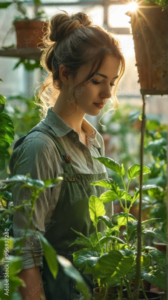 Young woman greenhouse tending to plants She is Woman working wi Young woman greenhouse tending to plants She is Woman working wi