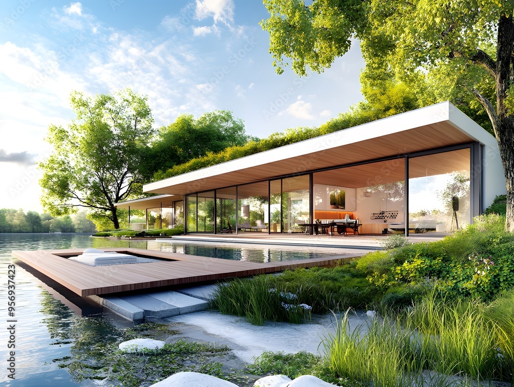 Modern House with Pool and Lake View. Modern House with Pool and Lake View.