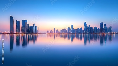 Serene City Skyline Reflected in Calm Waters at Twilight