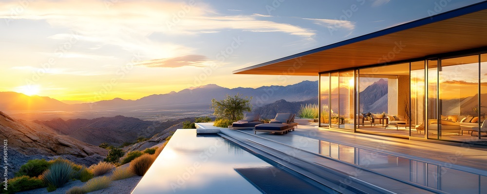 Modern House With Mountain View and Pool at Sunset. Modern House With Mountain View and Pool at Sunset.