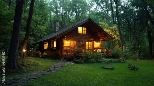 Rustic log chalet nestled deep in the forest, ideal for a secluded and peaceful getaway.