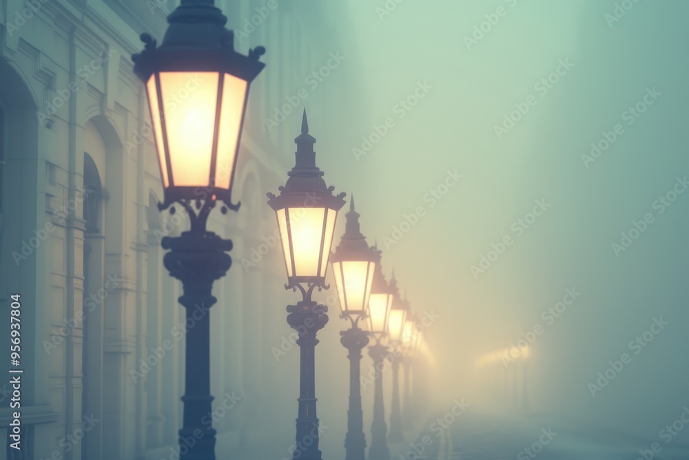 Walkway lights illuminating a foggy road Walkway lights illuminating a foggy road