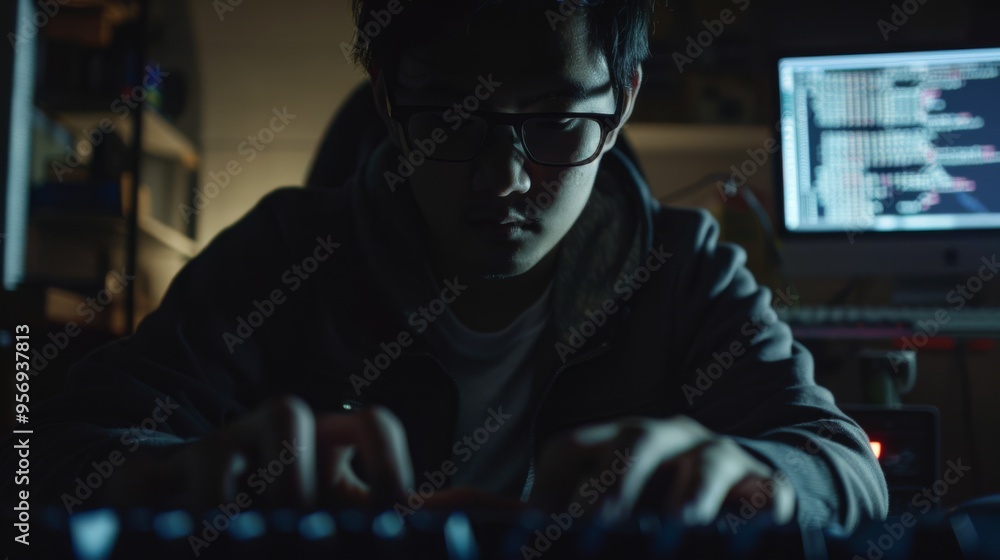 A focused individual works intently on a laptop in a dimly lit room, ambient blue screen light reflecting a dedication to coding. A focused individual works intently on a laptop in a dimly lit room, ambient blue screen light reflecting a dedication to coding.
