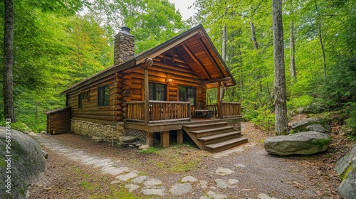 Rustic log chalet nestled deep in the forest, ideal for a secluded and peaceful getaway.