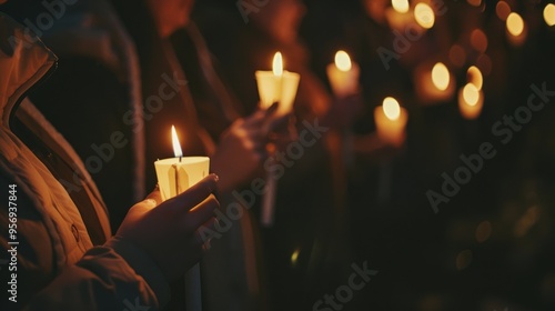 Participants engage in a candlelit vigil, their surroundings softly illuminated by the warm, flickering light of the candles. photo