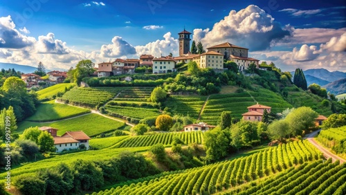 Rolling hills, lush vineyards, and medieval villages nestled in the picturesque Italian countryside of the Province of Varese, Lombardy, under a bright blue summer sky.