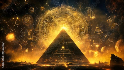 An esoteric pyramid under a starry night sky. Hermetic and ancient wisdom concept.