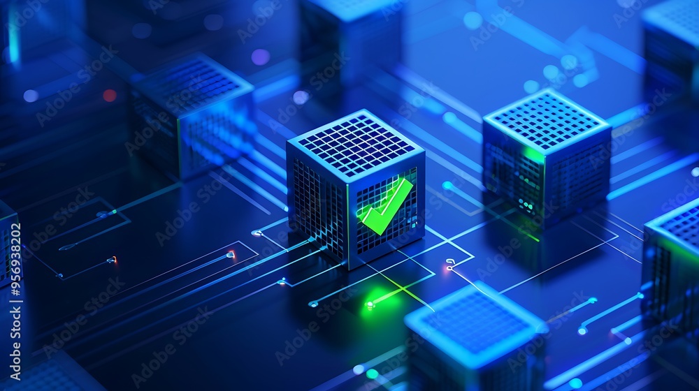 Abstract blockchain technology concept with glowing cubes, data flow, and verification symbol in a digital network. Abstract blockchain technology concept with glowing cubes, data flow, and verification symbol in a digital network.