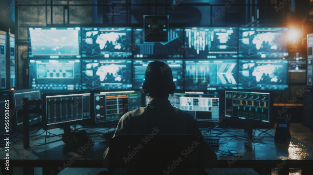 A person is immersed in a high-tech control center surrounded by numerous monitors displaying complex data and graphics. A person is immersed in a high-tech control center surrounded by numerous monitors displaying complex data and graphics.
