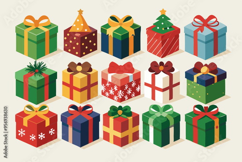 Christmas Gift box set vector illustration, Xmas gift box collection on white background