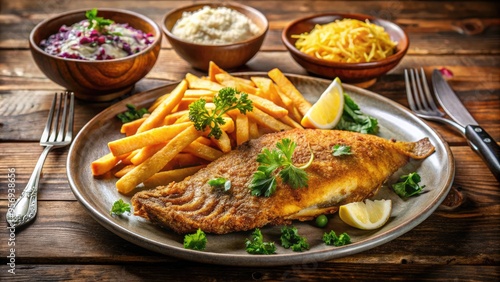 Freshly cooked golden-brown fried fish served with crispy fries, coleslaw, and steamed vegetables on a classic dinner plate, lit by warm evening lighting.