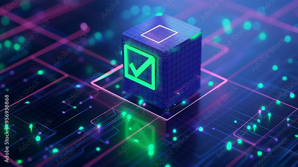 Abstract digital image representing blockchain technology and validation. Green check mark symbolizing security and verification in a digital cube. Abstract digital image representing blockchain technology and validation. Green check mark symbolizing security and verification in a digital cube.