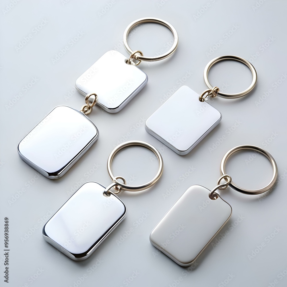 Four blank metal keychains with a gold ring. Four blank metal keychains with a gold ring.