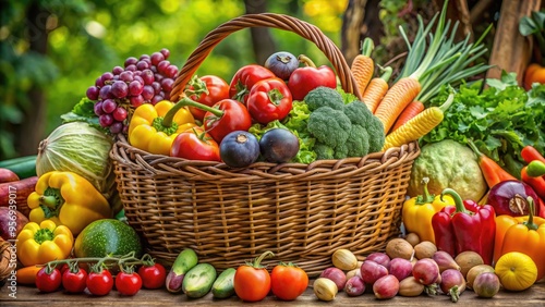 Freshly harvested, vibrant produce spills from a woven basket, showcasing a colorful medley of organic fruits and vegetables, radiating health and natural goodness.