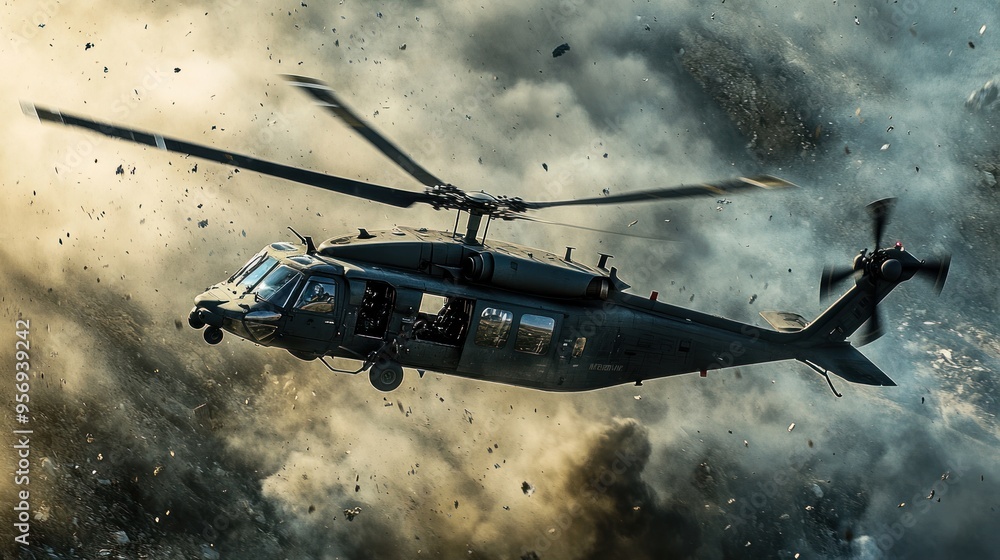 Black Hawk Helicopter Flying Through Dust Cloud Black Hawk Helicopter Flying Through Dust Cloud
