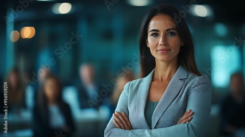 A confident businesswoman with arms crossed stands in a modern office, leading her team and demonstrating strong leadership qualities.