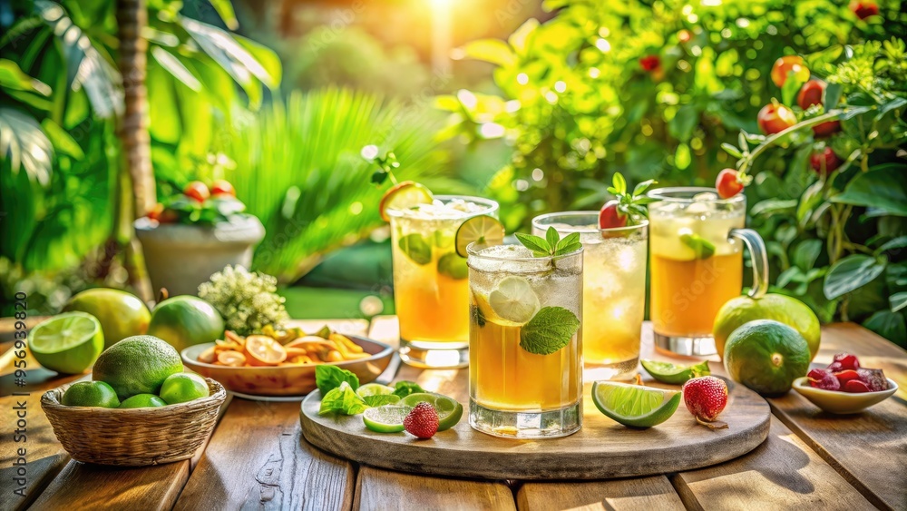 Freshly poured cold beverages with lime wedges and salted rims sit on a sunny outdoor patio table surrounded by lush greenery and vivid colors. Freshly poured cold beverages with lime wedges and salted rims sit on a sunny outdoor patio table surrounded by lush greenery and vivid colors.