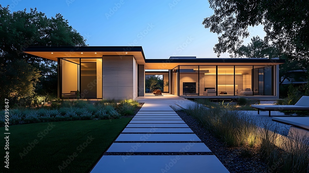 Fototapeta premium A modern luxury home with expansive glass windows and sleek design, illuminated at twilight, showcasing contemporary architecture in a serene setting.