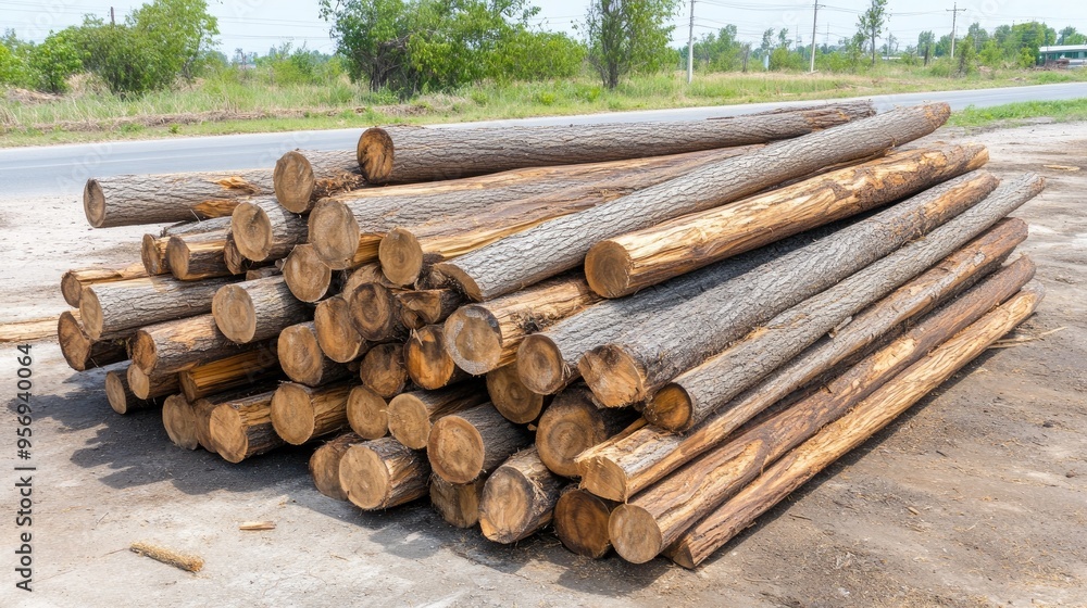 Cut wood is neatly stacked along a road near the forest, showcasing the timber collection process in a serene, wooded environment Cut wood is neatly stacked along a road near the forest, showcasing the timber collection process in a serene, wooded environment
