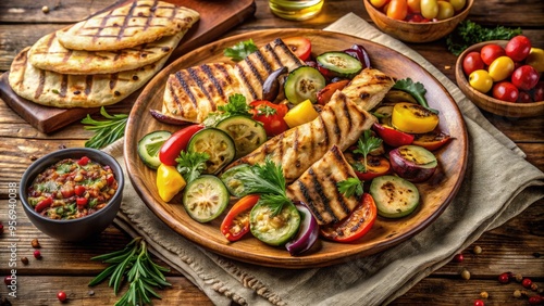 Wallpaper Mural Freshly prepared Mediterranean cuisine with grilled chicken, roasted vegetables, and crispy pita bread arranged artfully on a rustic wooden table with a natural linen tablecloth. Torontodigital.ca