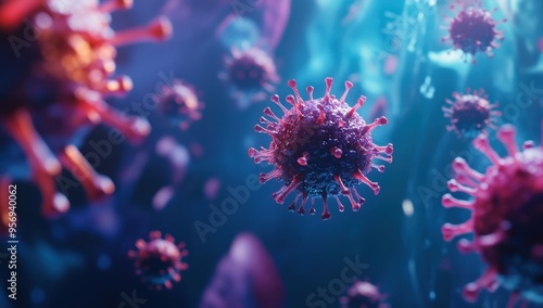 3D rendering of a coronavirus with a blue background, surrounded by red and purple-colored cells Generative AI