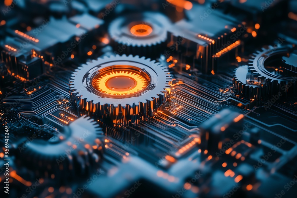 A close-up view of intricate gears and circuits illuminated by glowing orange light, showcasing technology and innovation. A close-up view of intricate gears and circuits illuminated by glowing orange light, showcasing technology and innovation.