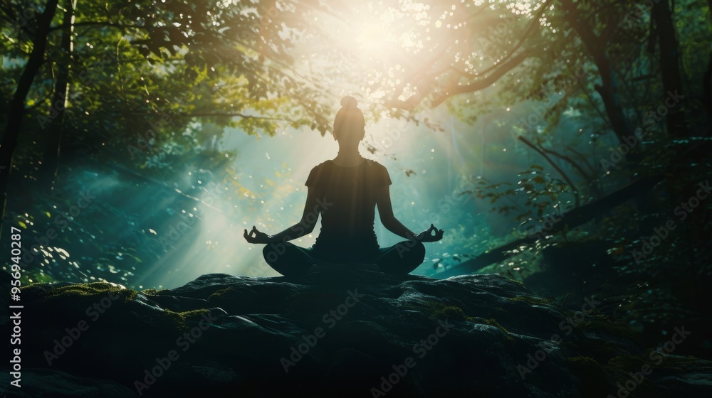 Obraz premium A silhouette of a person meditating in a serene forest as rays of sunlight filter through the lush canopy above.