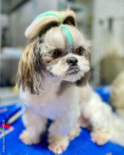 Shih Tzu dog with short-cropped muzzle, long hair on ears and head tied in a ponytail sits on a grooming table. The fur on the pet's head is colored green and blue. White fur photo