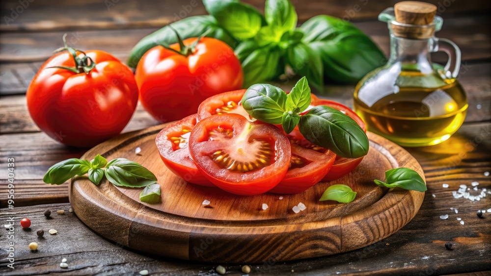 Freshly sliced juicy red tomato half on a rustic wooden cutting board, garnished with a sprig of green basil and a light drizzle of olive oil. Freshly sliced juicy red tomato half on a rustic wooden cutting board, garnished with a sprig of green basil and a light drizzle of olive oil.