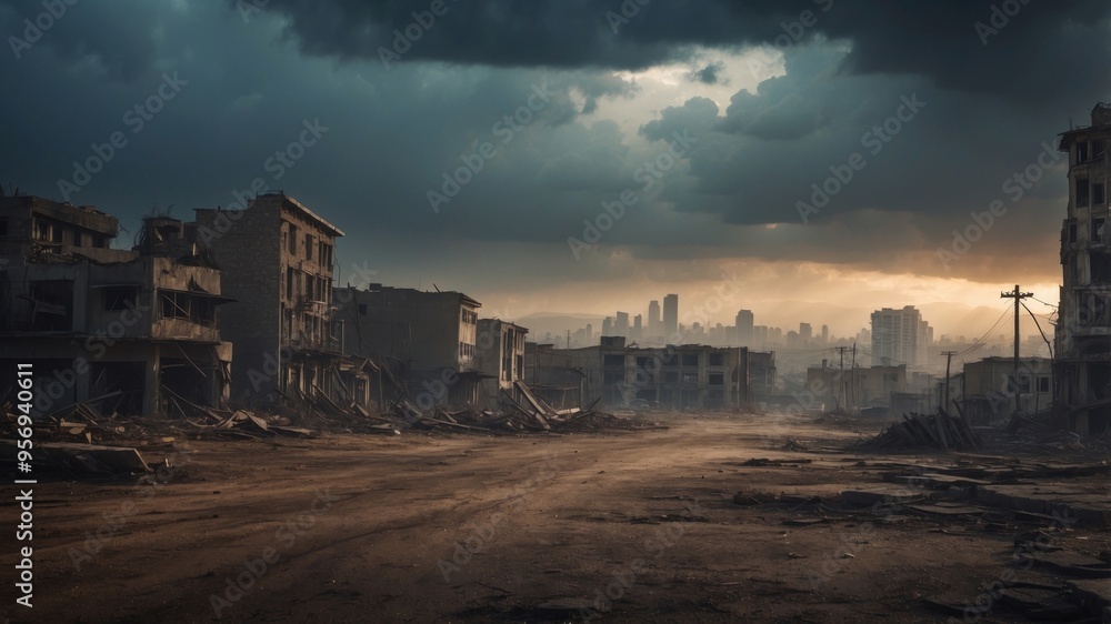 Obraz premium Desolate Cityscape of one Post Apocalyptic Metropolis Shrouded within Ominous Skies as well as Crumbling Ruins.