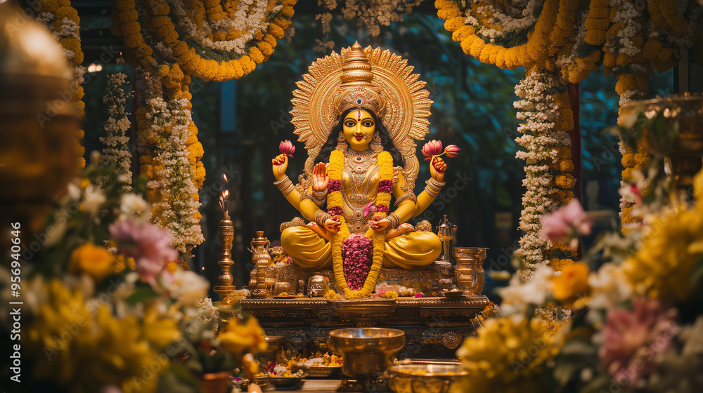 Fototapeta premium Lavishly decorated statue of Goddess Durga during Vijayadashami, surrounded by floral decorations and golden lamps, Ai generated images