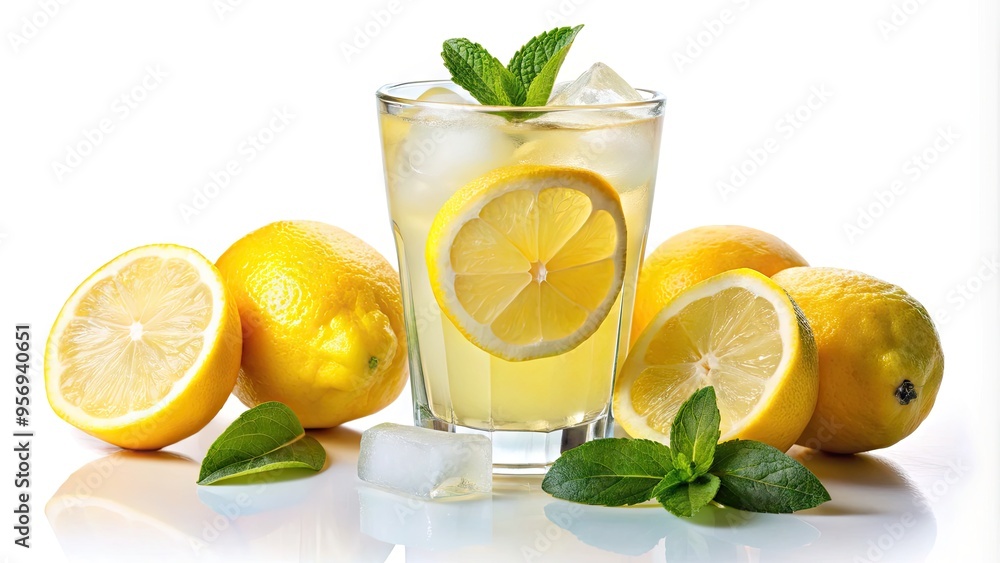 Freshly squeezed lemonade poured into a glass filled with ice, garnished with a slice of lemon, on a clean and crisp white background. Freshly squeezed lemonade poured into a glass filled with ice, garnished with a slice of lemon, on a clean and crisp white background.