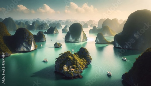 A serene panorama of Ha Long Bay, Vietnam, showcasing the iconic limestone islands rising from emerald waters. The scene evokes a sense of tranquility, adventure, and natural beauty, capturing the ess photo