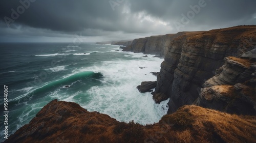 Dramatic Coastal Seascape with Crashing Waves and Rugged Cliffs in Moody Atmospheric Lighting.