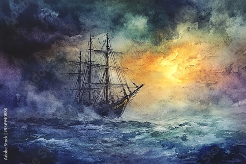 A dramatic watercolor painting of a ship sailing through turbulent waters under a stormy sky, illuminated by a glowing sunset.