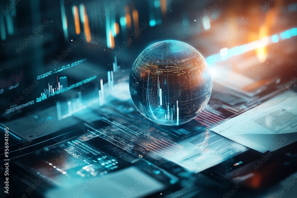A futuristic digital globe symbolizing global data connectivity and technology, surrounded by abstract graphics and charts. A futuristic digital globe symbolizing global data connectivity and technology, surrounded by abstract graphics and charts.