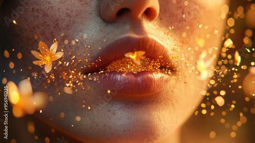 Close-up of a woman's mouth spitting out small flowers, the air filled with blossoms. photo