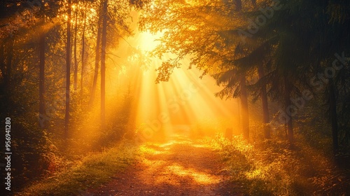 Sunbeams Illuminating a Path Through a Misty Forest