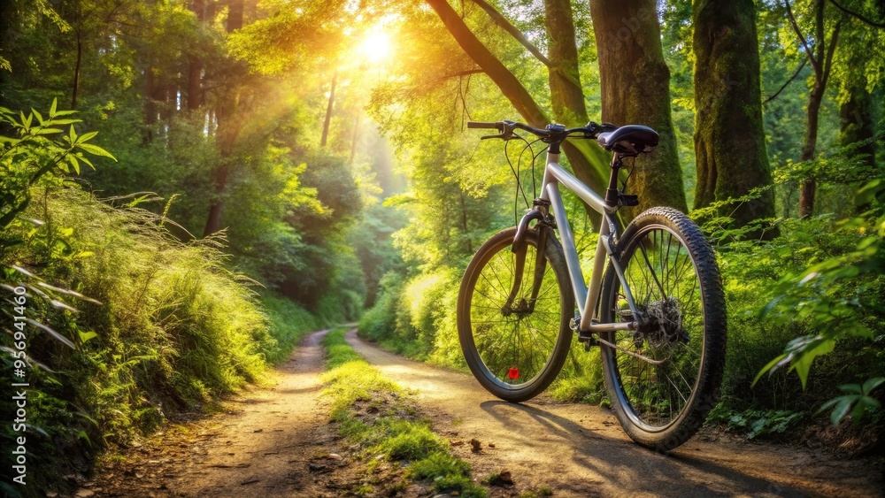 Rugged mountain trail unwinds before a sleek, silver bicycle, its tires gripping the dirt path as sunlight filters through a canopy of lush green foliage.