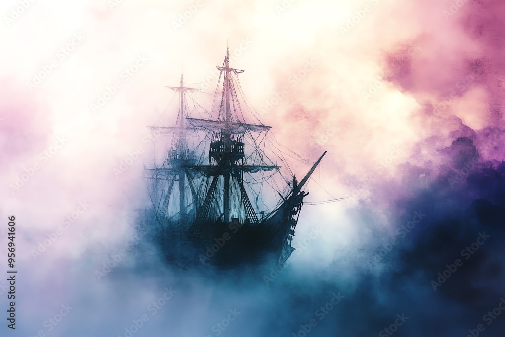 Fototapeta premium A majestic ship emerges through colorful fog, creating a mysterious and enchanting atmosphere on the water.