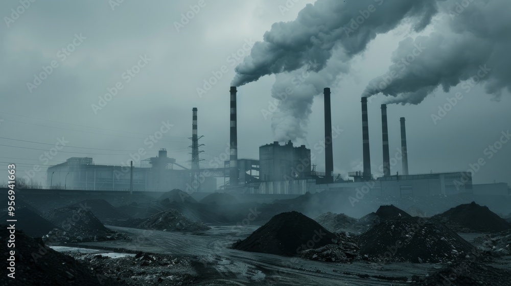 Fototapeta premium Dense smoke emerges from industrial chimneys under an overcast sky, casting an intense and heavy atmosphere over the sprawling factory complex.