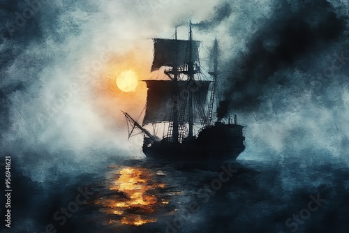 Wallpaper Mural A majestic ship sailing at sunset, surrounded by misty waters, creating an enchanting and mysterious atmosphere. Torontodigital.ca