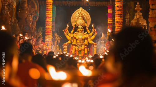 A grand Vijayadashami celebration in an ancient Indian temple, with a towering statue of Lord Durga, surrounded by brightly lit oil lamps. Ai generated images photo