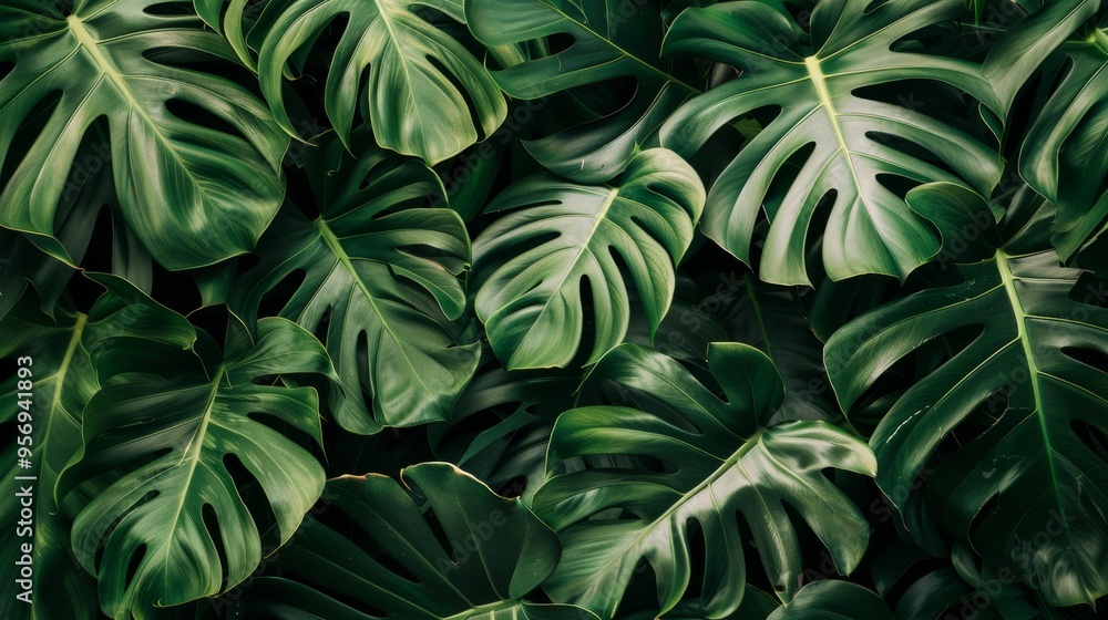Fototapeta premium A lush, vibrant collection of overlapping monstera leaves fills the frame, showcasing rich green hues and intricate patterns, creating a tropical, serene atmosphere.