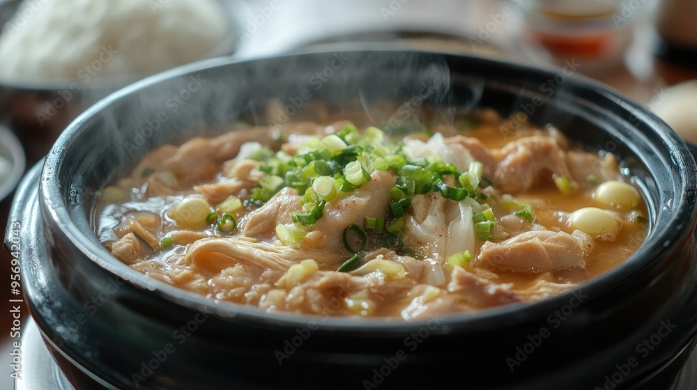 Samgyetang ginseng chicken soup in a black ceramic pot, with steam rising from the broth. The dish is garnished with chopped green onions and served with rice on the side. Samgyetang ginseng chicken soup in a black ceramic pot, with steam rising from the broth. The dish is garnished with chopped green onions and served with rice on the side.