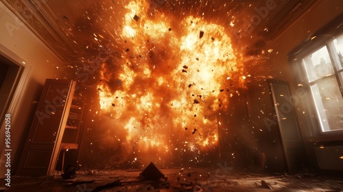 A Powerful Explosion Unleashing Chaos and Destruction in a Room photo