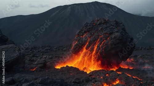 Volcanic eruption spews molten rock into atmosphere. photo